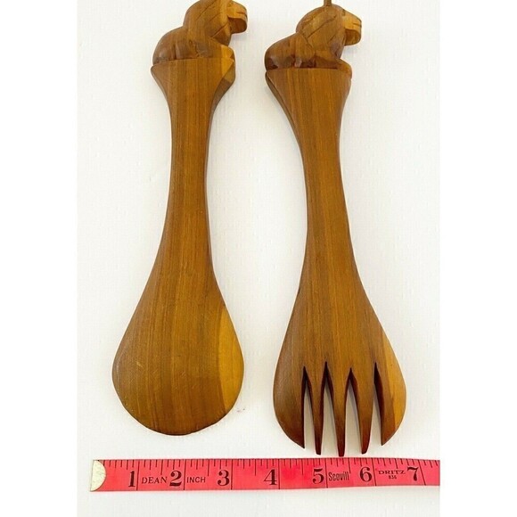 Hand Carved Lion Handle Salad Serving Spoon Fork Set African Vintage 80s 90s - Picture 7 of 7